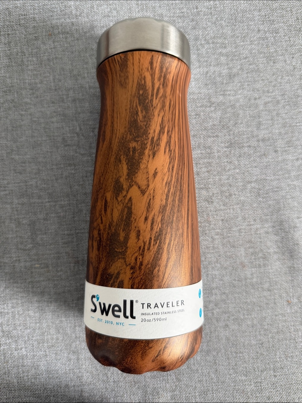S'well Traveler Insulated Bottle in Woodgrain Brown with Silver Cap